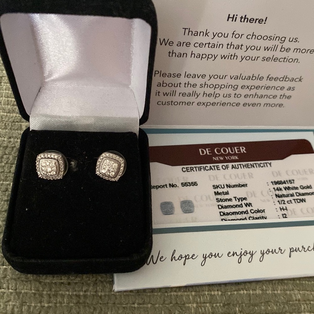 De Courer 14k white gold 1/2ct diamond halo cluster earrings.   White H-1-white